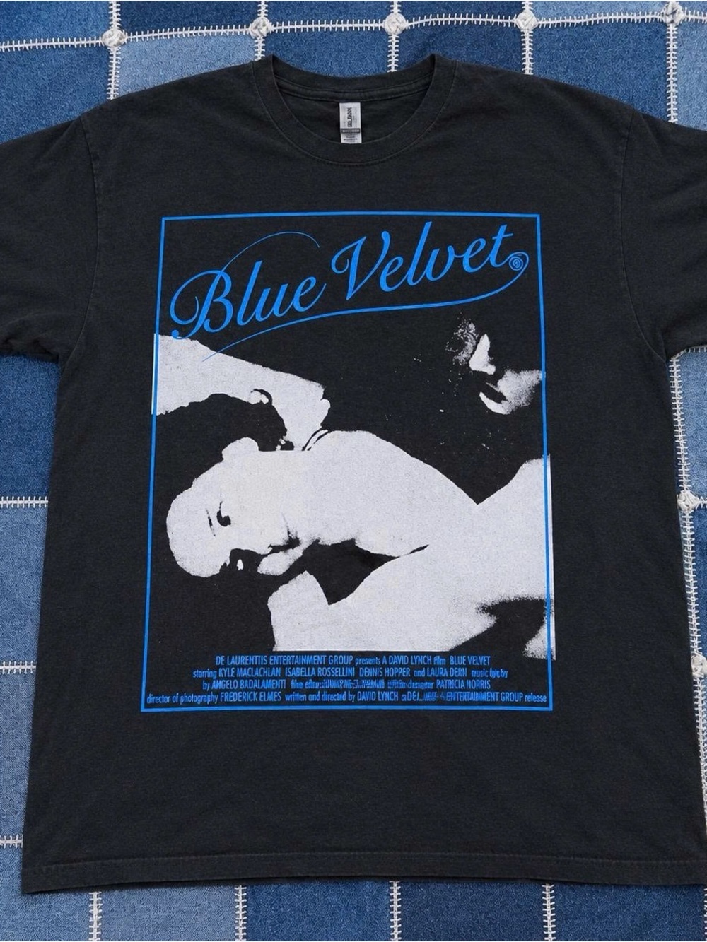 Velvet Black Tee with Blue 'Blue Velvet' Graphic